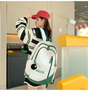Large capacity school backpack for students, stylish contrast color daily casual book bag with compartments.