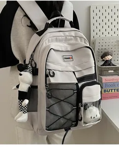 Utility backpack detail showcasing multi-compartment design, mesh pockets and stylish straps.