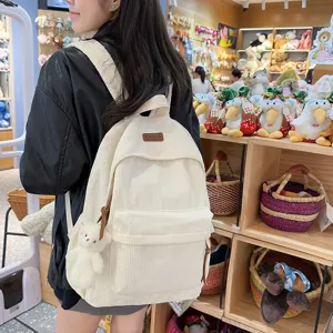 Casual corduroy backpack for women students, stylish daily travel school bag with cute bear.