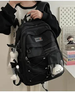 Black workwear style backpack with large capacity, multi-pocket, transparent front pouch and straps.