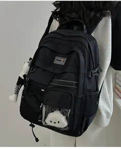 Workwear style black school backpack for students with large capacity and multi pockets detail view.