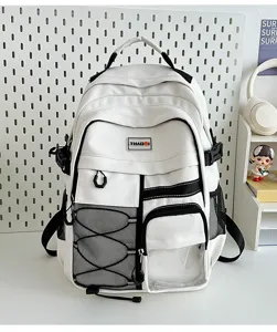White tactical backpack for students, large capacity school bag with multi-pockets and mesh.