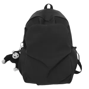 Black minimalist casual backpack large capacity school bag with cute monkey keychain
