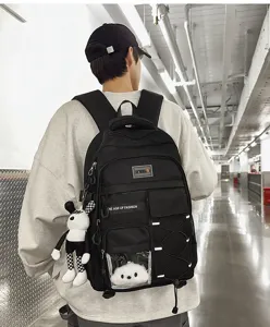 Large capacity black student backpack with multiple compartments, transparent pocket and stylish design.