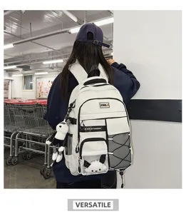 Detail view of white ergonomic school backpack with large capacity and multi pockets for students.