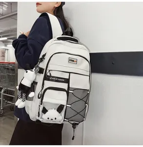 Large capacity school backpack for students white casual bookbag with cute doll pendant