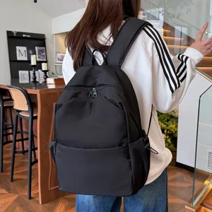 Solid color casual large capacity nylon backpack for daily school and travel in black