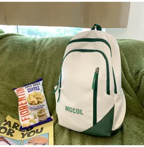 White green large capacity school backpack detail showcase, durable canvas dual shoulder bag.
