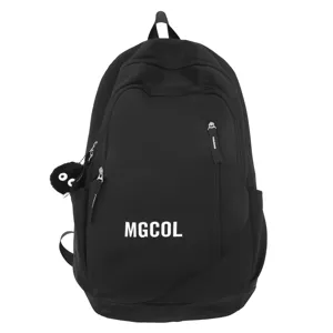 Black large capacity student school backpack with front zipper pocket and cute plush pendant.