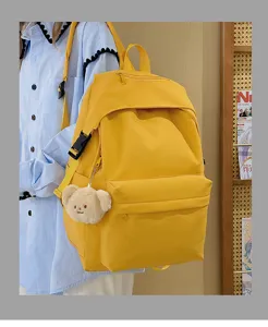 Japanese style solid color nylon casual backpack for women school bag with cute bear pendant