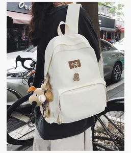 Forest style canvas backpack large capacity campus student solid color school bag with cute pendant