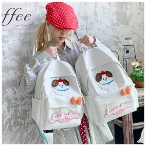 Japanese style cute white canvas backpack with puppy embroidery and bow for students daily use