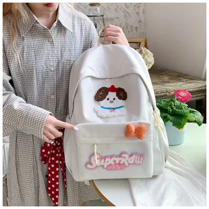 Cute Japanese style canvas school backpack for students with lovely puppy patch design.