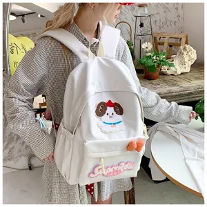 Cute white canvas backpack for women and girls, casual school bag with cute dog patch.