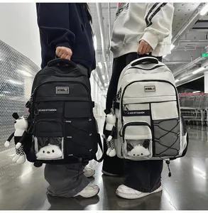 Detailed view of the large capacity student school backpack with multi pockets and cute pendant.