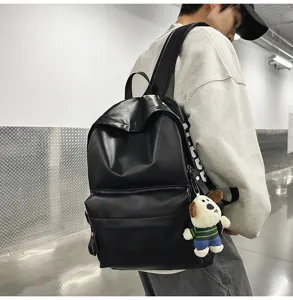 Black PU leather casual waterproof laptop backpack with cute dog pendant detail view style