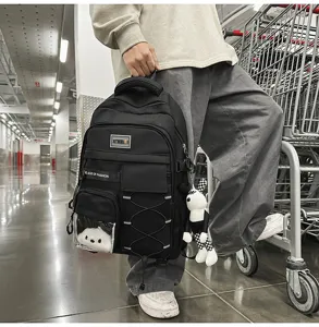 Black casual backpack with large capacity, transparent pocket, ideal for students and daily use.