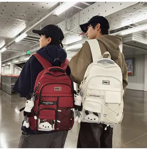 Detailed view of student backpack with multi-pockets, large capacity and cute plush pendant.