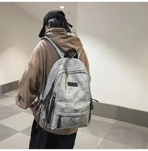 Japanese style campus casual backpack for students, large capacity grey tie dye school bag