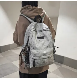 Casual marble pattern school backpack detail view, large capacity student daily casual daypack.