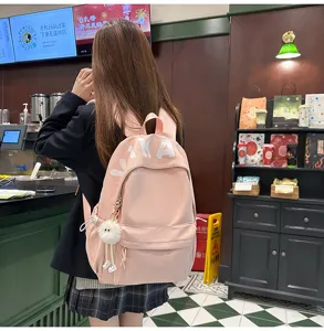 Japanese style pink canvas backpack for women large capacity casual school bag for students