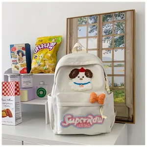 Cute Japanese ins style student backpack with dog embroidery and bow, perfect for daily school and casual use.
