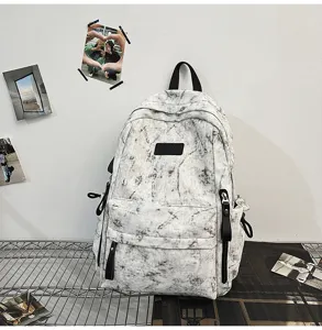 Japanese canvas student backpack, marble pattern large capacity school bag for teens.
