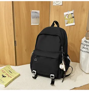 Classic casual black backpack for students, large capacity solid color daypack detail view