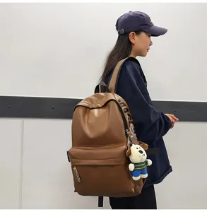 Brown waterproof PU leather backpack for women casual simple school bookbag daypack