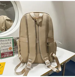 Solid color casual beige backpack for daily use, student school bag with adjustable straps.