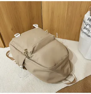Beige canvas backpack casual travel school bag large capacity solid color daily daypack for students