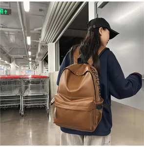 Stylish brown PU leather waterproof backpack for women, casual daily school computer bag.