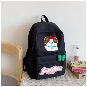 Black casual backpack with cute puppy embroidery and bow for students daily use.