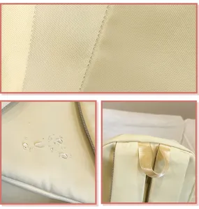 Backpack fabric texture detail, waterproof performance testing, and top handle close-up.