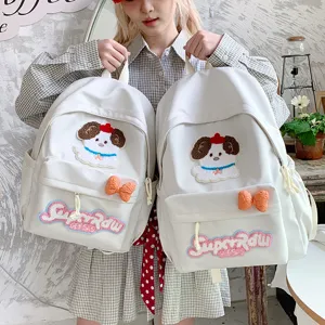 Japanese Ins Style Cute Puppy Patch Backpack Waterproof Nylon School Bag Large Capacity Casual Daypack For Girls Students