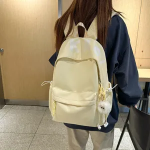 Large Capacity School Backpack For Women Casual Japanese Style Nylon Bookbag Travel Daypack With Cute Plush Pendant