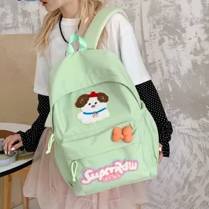 Sleek light green school backpack featuring cute puppy embroidery and casual daily style.