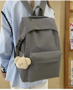 Japanese solid color nylon backpack casual school bookbag lightweight daypack with cute bear pendant