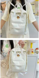 Korean style canvas backpack white school bag cute bear embroidery casual daypack for students