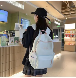Vista detallada de la mochila verde menta llevada por una modelo en una tienda moderna.
