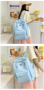 Detailed view of the light blue casual canvas backpack with front pocket and shoulder straps.