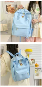 Korean style cute canvas school backpack light blue casual daypack for college and high school