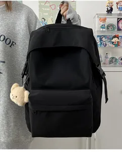 Japanese style solid color nylon backpack casual school bag with cute bear pendant