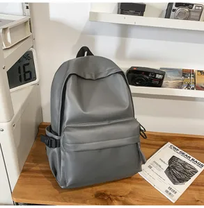 Waterproof PU leather backpack for women, casual soft leather laptop school bag grey.