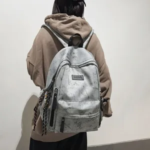 Casual canvas backpack for women students large capacity stylish grey marble school book bag