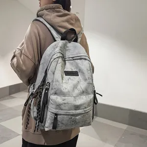 Casual canvas backpack for school students grey tie-dye large capacity travel bookbag
