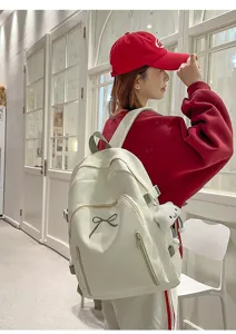 Cute Japanese style school backpack for students, large capacity white bookbag with sweet bow.