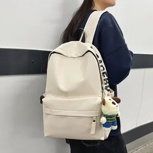White PU leather backpack for women minimalist waterproof school bag stylish computer rucksack