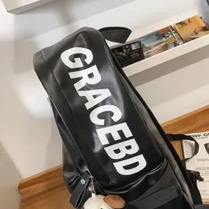 Black PU leather backpack for women, waterproof casual student school bag with letter print, chic.