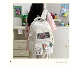 Japanese cute student schoolbag large capacity backpack with transparent mesh pocket design.